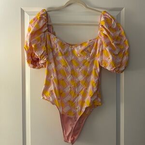 Zara Puff Sleeve Cotton Poplin Smocked Bodysuit Size L